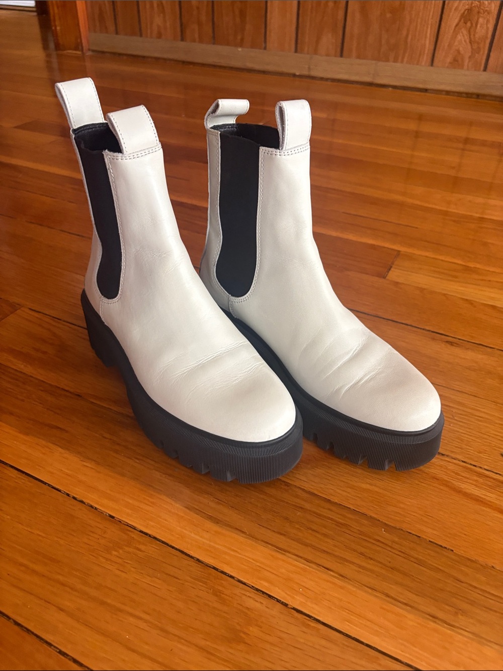 Maje White Leather Chelsea Platform Booties with Black Elastic